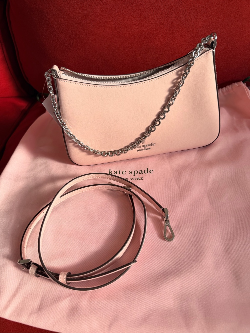 Kate Spade Pink Leather Shoulder Bag/Crossbody with Silver Chain w dust bag.